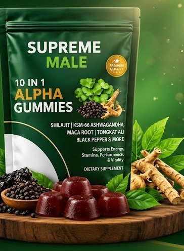 Supreme Male 10 in 1 Alpha Gummies pouch shown with gummies, shilajit, black pepper and root ingredients on a wooden board
